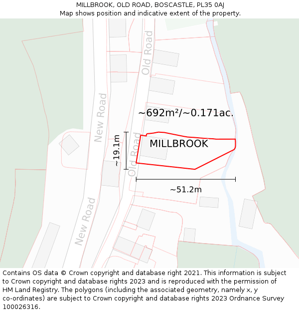 MILLBROOK, OLD ROAD, BOSCASTLE, PL35 0AJ: Plot and title map