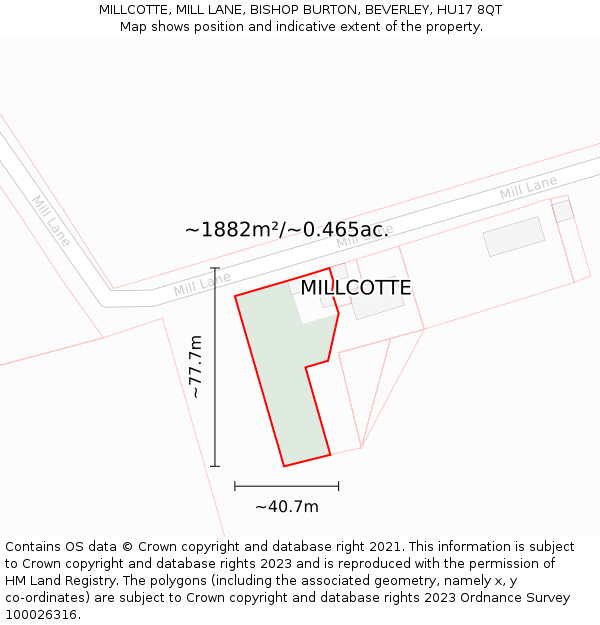 MILLCOTTE, MILL LANE, BISHOP BURTON, BEVERLEY, HU17 8QT: Plot and title map