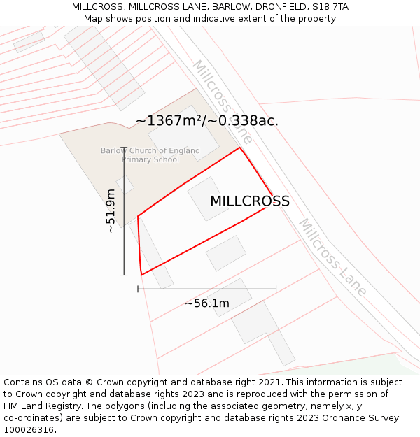 MILLCROSS, MILLCROSS LANE, BARLOW, DRONFIELD, S18 7TA: Plot and title map
