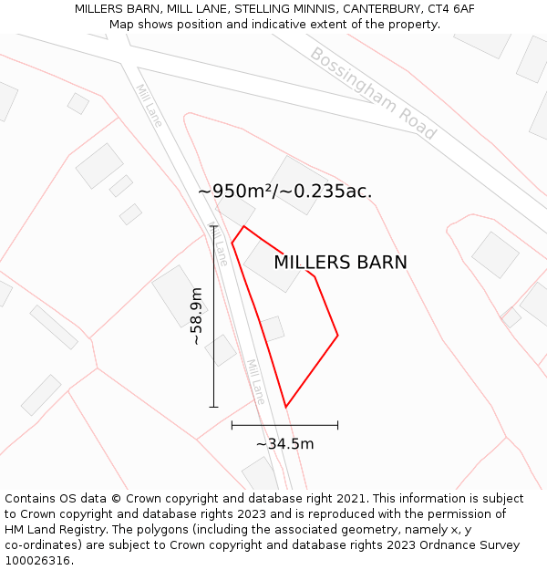 MILLERS BARN, MILL LANE, STELLING MINNIS, CANTERBURY, CT4 6AF: Plot and title map