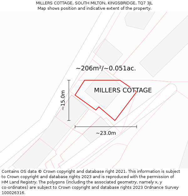 MILLERS COTTAGE, SOUTH MILTON, KINGSBRIDGE, TQ7 3JL: Plot and title map