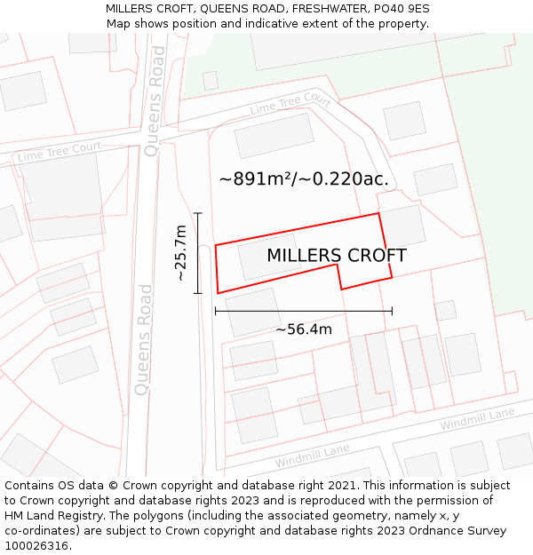 MILLERS CROFT, QUEENS ROAD, FRESHWATER, PO40 9ES: Plot and title map