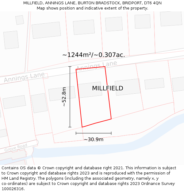 MILLFIELD, ANNINGS LANE, BURTON BRADSTOCK, BRIDPORT, DT6 4QN: Plot and title map