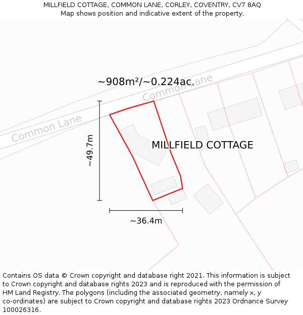 MILLFIELD COTTAGE, COMMON LANE, CORLEY, COVENTRY, CV7 8AQ: Plot and title map