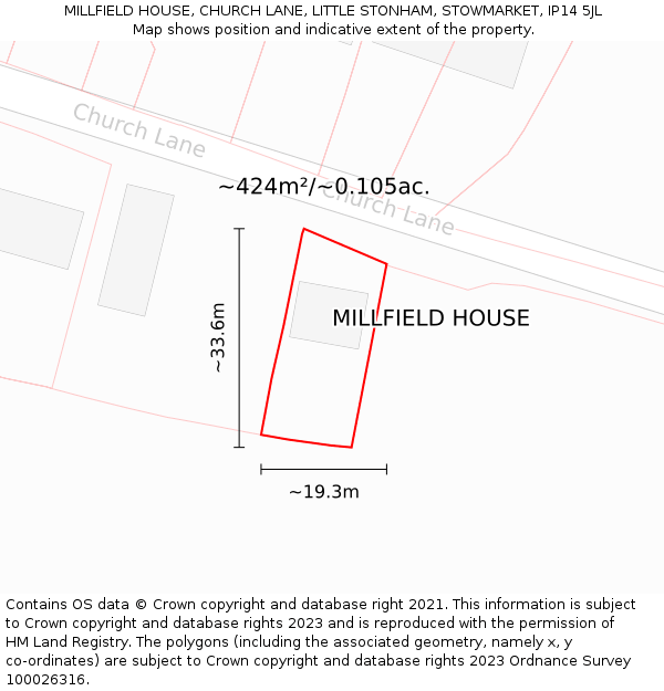 MILLFIELD HOUSE, CHURCH LANE, LITTLE STONHAM, STOWMARKET, IP14 5JL: Plot and title map