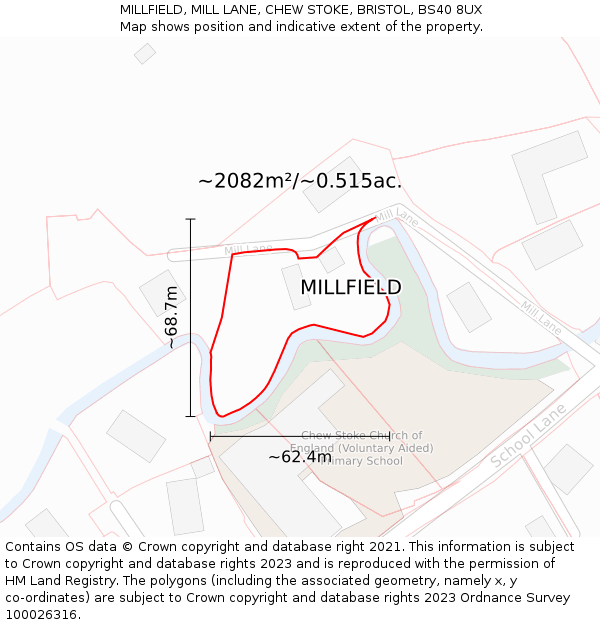 MILLFIELD, MILL LANE, CHEW STOKE, BRISTOL, BS40 8UX: Plot and title map