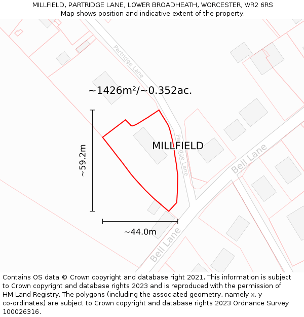 MILLFIELD, PARTRIDGE LANE, LOWER BROADHEATH, WORCESTER, WR2 6RS: Plot and title map