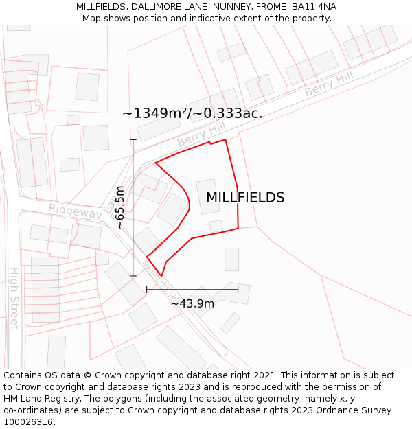 MILLFIELDS, DALLIMORE LANE, NUNNEY, FROME, BA11 4NA: Plot and title map