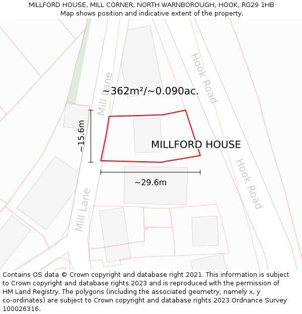 MILLFORD HOUSE, MILL CORNER, NORTH WARNBOROUGH, HOOK, RG29 1HB: Plot and title map