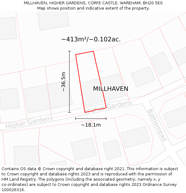 MILLHAVEN, HIGHER GARDENS, CORFE CASTLE, WAREHAM, BH20 5ES: Plot and title map