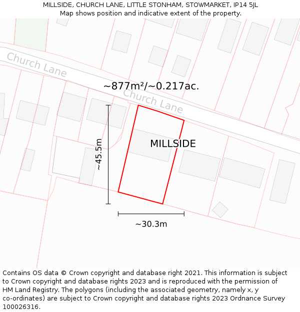 MILLSIDE, CHURCH LANE, LITTLE STONHAM, STOWMARKET, IP14 5JL: Plot and title map