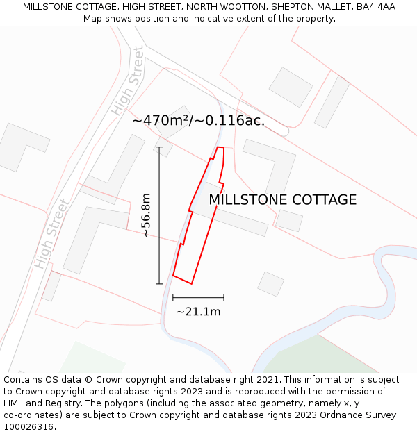 MILLSTONE COTTAGE, HIGH STREET, NORTH WOOTTON, SHEPTON MALLET, BA4 4AA: Plot and title map