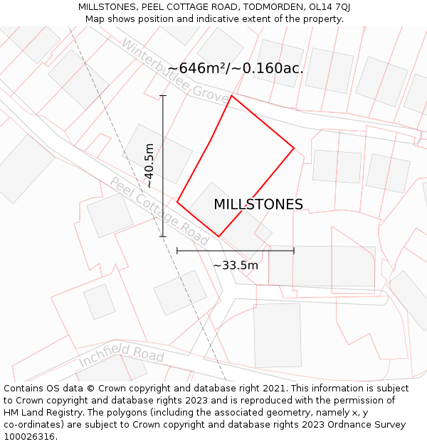 MILLSTONES, PEEL COTTAGE ROAD, TODMORDEN, OL14 7QJ: Plot and title map