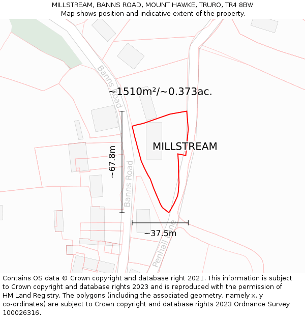 MILLSTREAM, BANNS ROAD, MOUNT HAWKE, TRURO, TR4 8BW: Plot and title map