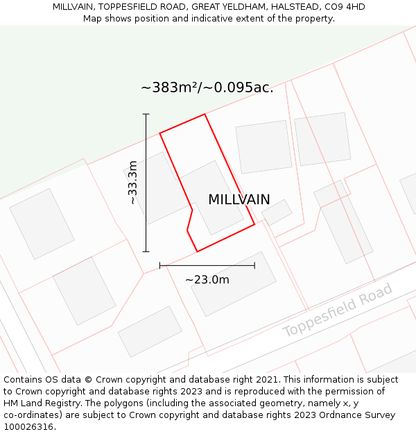 MILLVAIN, TOPPESFIELD ROAD, GREAT YELDHAM, HALSTEAD, CO9 4HD: Plot and title map