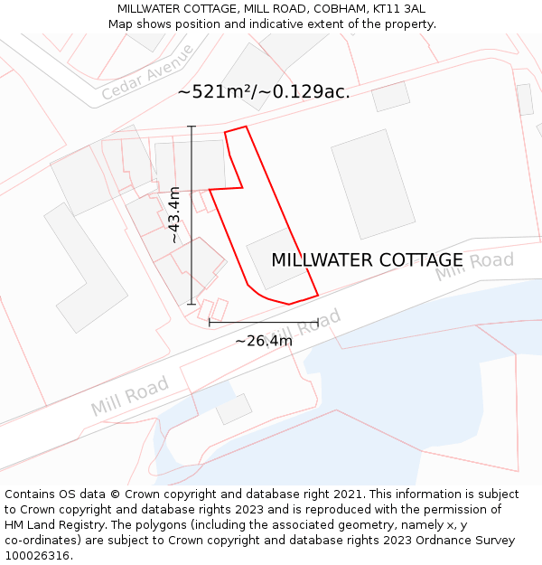 MILLWATER COTTAGE, MILL ROAD, COBHAM, KT11 3AL: Plot and title map