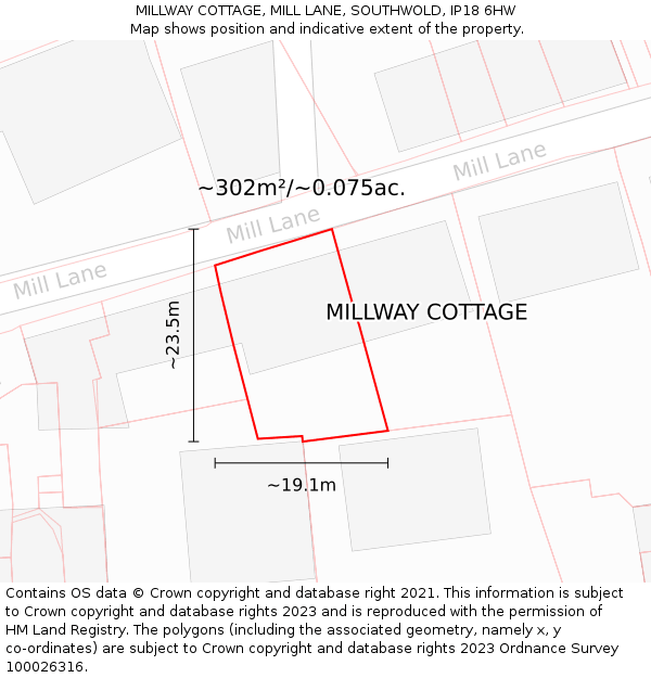 MILLWAY COTTAGE, MILL LANE, SOUTHWOLD, IP18 6HW: Plot and title map