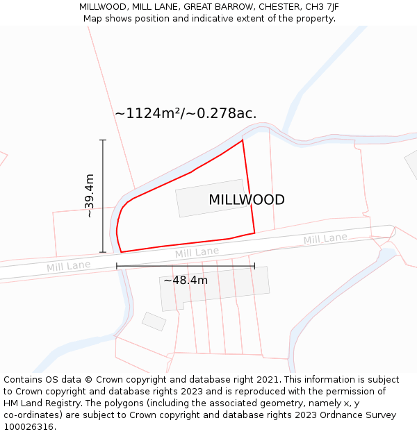 MILLWOOD, MILL LANE, GREAT BARROW, CHESTER, CH3 7JF: Plot and title map