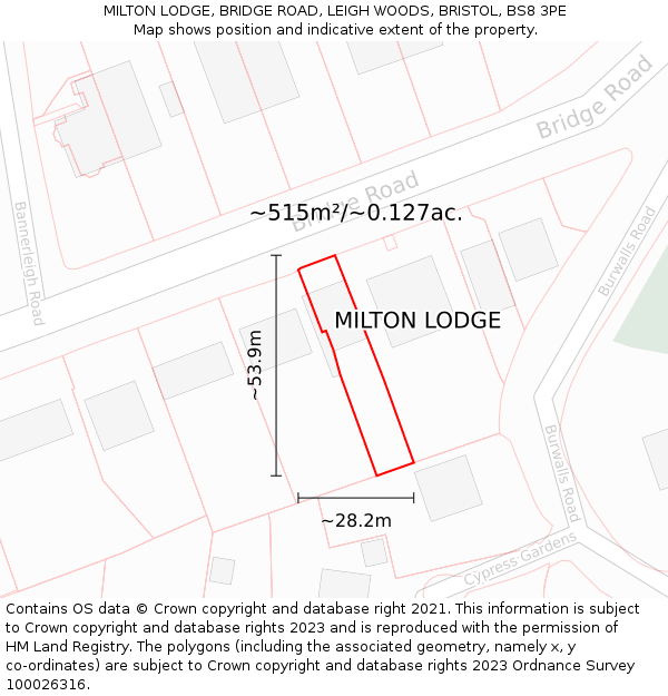 MILTON LODGE, BRIDGE ROAD, LEIGH WOODS, BRISTOL, BS8 3PE: Plot and title map