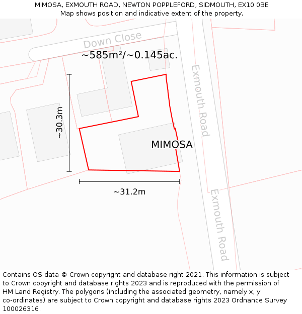 MIMOSA, EXMOUTH ROAD, NEWTON POPPLEFORD, SIDMOUTH, EX10 0BE: Plot and title map