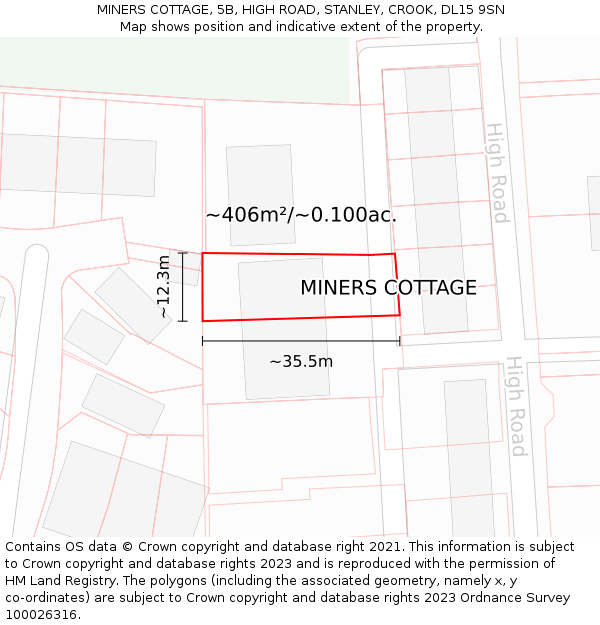 MINERS COTTAGE, 5B, HIGH ROAD, STANLEY, CROOK, DL15 9SN: Plot and title map