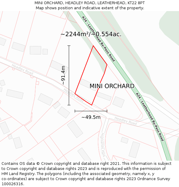 MINI ORCHARD, HEADLEY ROAD, LEATHERHEAD, KT22 8PT: Plot and title map