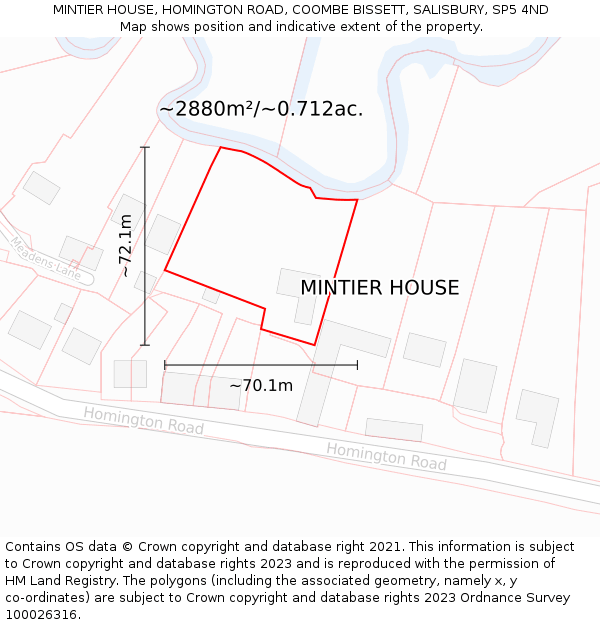 MINTIER HOUSE, HOMINGTON ROAD, COOMBE BISSETT, SALISBURY, SP5 4ND: Plot and title map