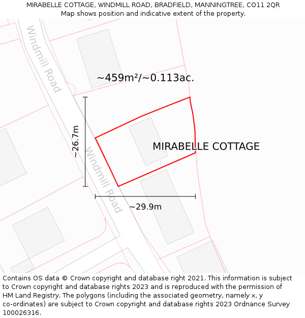 MIRABELLE COTTAGE, WINDMILL ROAD, BRADFIELD, MANNINGTREE, CO11 2QR: Plot and title map