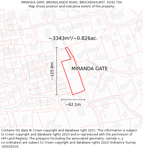 MIRANDA GATE, BROADLANDS ROAD, BROCKENHURST, SO42 7SX: Plot and title map