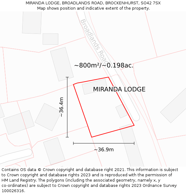 MIRANDA LODGE, BROADLANDS ROAD, BROCKENHURST, SO42 7SX: Plot and title map