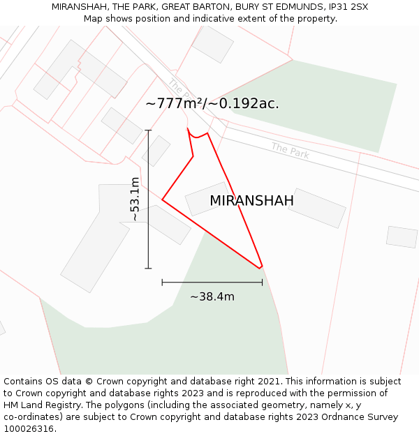 MIRANSHAH, THE PARK, GREAT BARTON, BURY ST EDMUNDS, IP31 2SX: Plot and title map