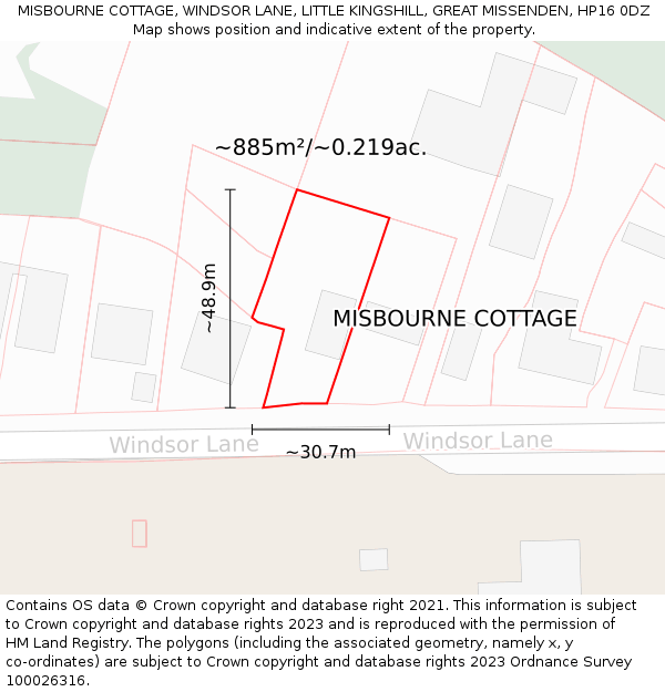 MISBOURNE COTTAGE, WINDSOR LANE, LITTLE KINGSHILL, GREAT MISSENDEN, HP16 0DZ: Plot and title map