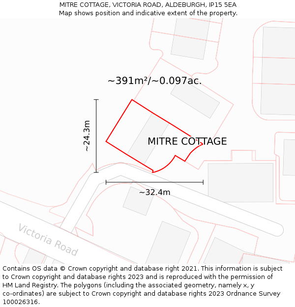 MITRE COTTAGE, VICTORIA ROAD, ALDEBURGH, IP15 5EA: Plot and title map