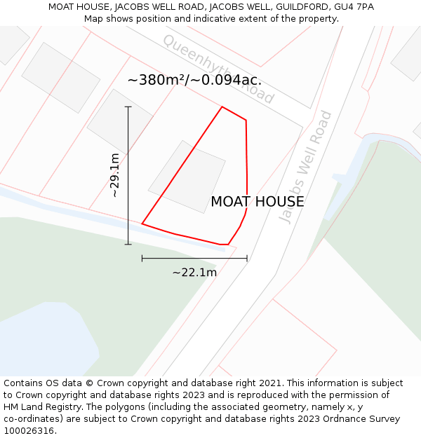 MOAT HOUSE, JACOBS WELL ROAD, JACOBS WELL, GUILDFORD, GU4 7PA: Plot and title map