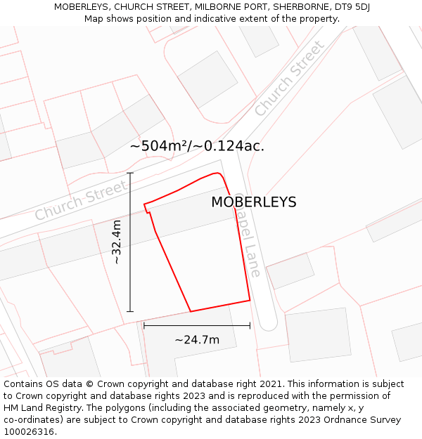 MOBERLEYS, CHURCH STREET, MILBORNE PORT, SHERBORNE, DT9 5DJ: Plot and title map