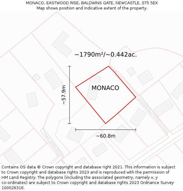 MONACO, EASTWOOD RISE, BALDWINS GATE, NEWCASTLE, ST5 5EX: Plot and title map