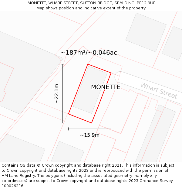 MONETTE, WHARF STREET, SUTTON BRIDGE, SPALDING, PE12 9UF: Plot and title map