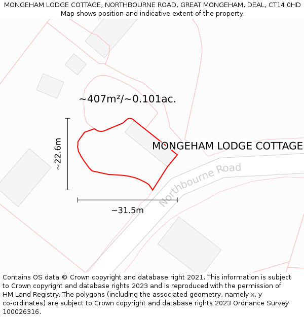 MONGEHAM LODGE COTTAGE, NORTHBOURNE ROAD, GREAT MONGEHAM, DEAL, CT14 0HD: Plot and title map