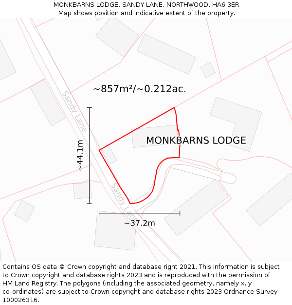 MONKBARNS LODGE, SANDY LANE, NORTHWOOD, HA6 3ER: Plot and title map