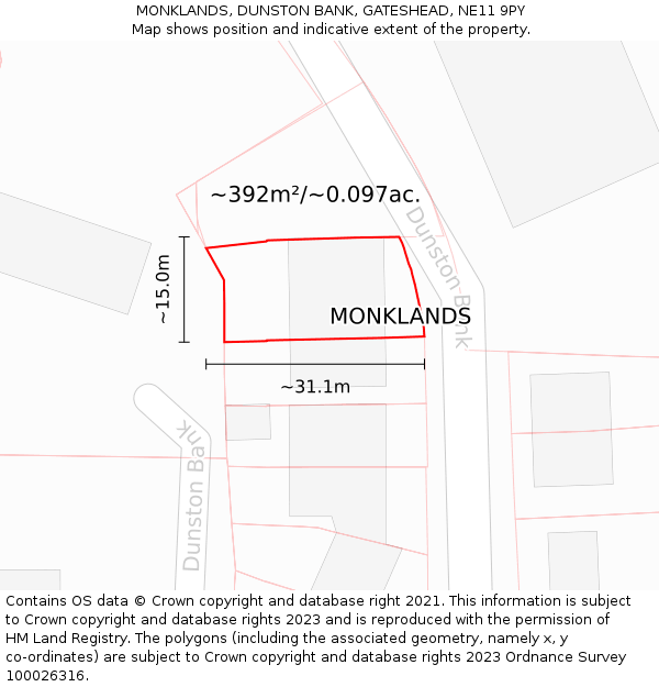 MONKLANDS, DUNSTON BANK, GATESHEAD, NE11 9PY: Plot and title map