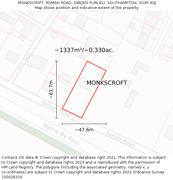 MONKSCROFT, ROMAN ROAD, DIBDEN PURLIEU, SOUTHAMPTON, SO45 4QJ: Plot and title map