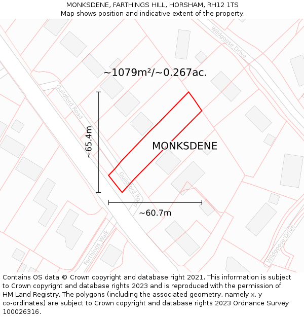 MONKSDENE, FARTHINGS HILL, HORSHAM, RH12 1TS: Plot and title map