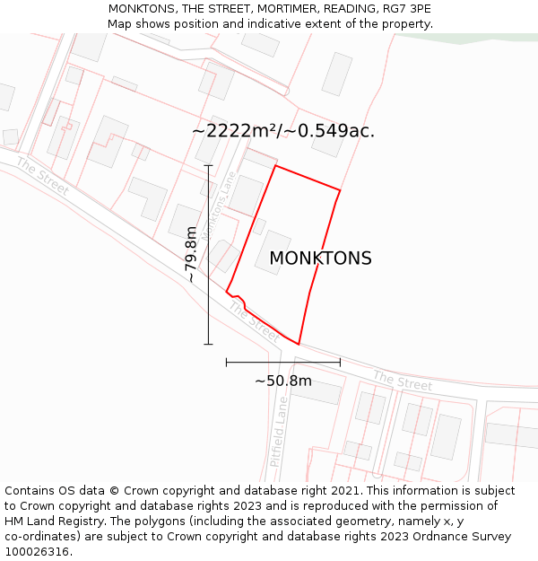 MONKTONS, THE STREET, MORTIMER, READING, RG7 3PE: Plot and title map