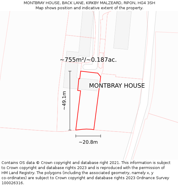 MONTBRAY HOUSE, BACK LANE, KIRKBY MALZEARD, RIPON, HG4 3SH: Plot and title map