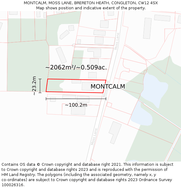 MONTCALM, MOSS LANE, BRERETON HEATH, CONGLETON, CW12 4SX: Plot and title map