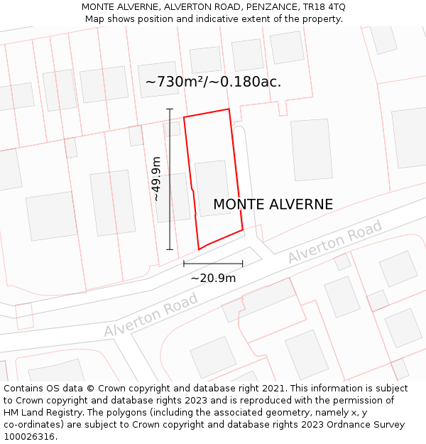 MONTE ALVERNE, ALVERTON ROAD, PENZANCE, TR18 4TQ: Plot and title map