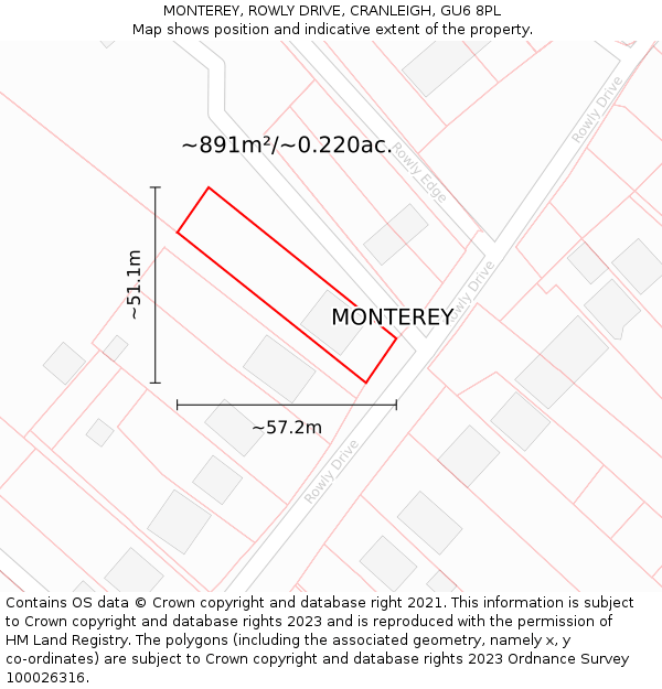 MONTEREY, ROWLY DRIVE, CRANLEIGH, GU6 8PL: Plot and title map