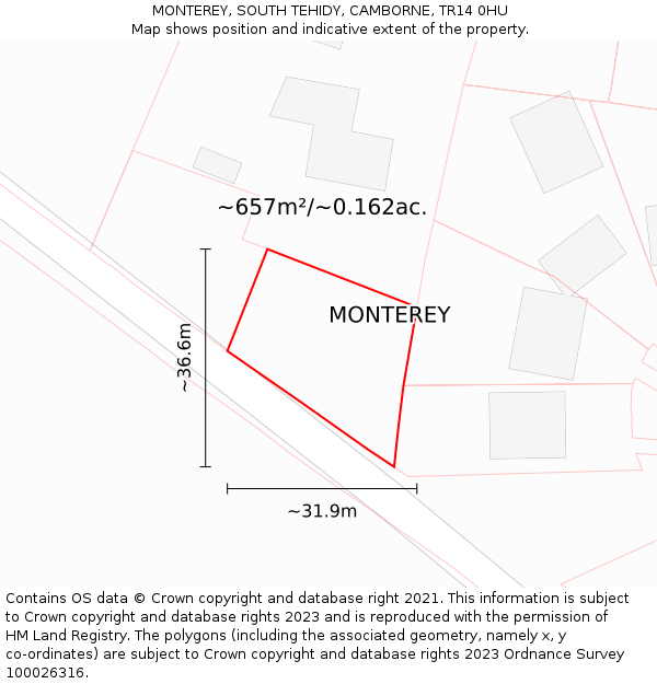MONTEREY, SOUTH TEHIDY, CAMBORNE, TR14 0HU: Plot and title map
