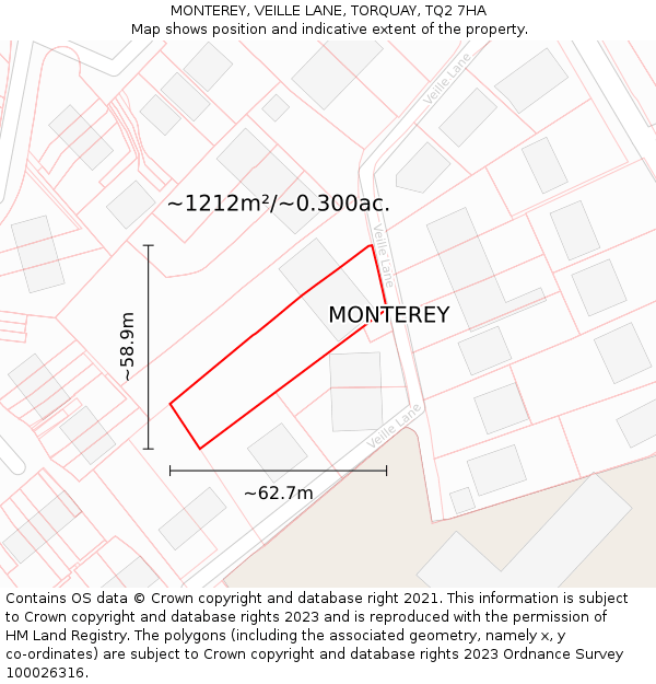 MONTEREY, VEILLE LANE, TORQUAY, TQ2 7HA: Plot and title map