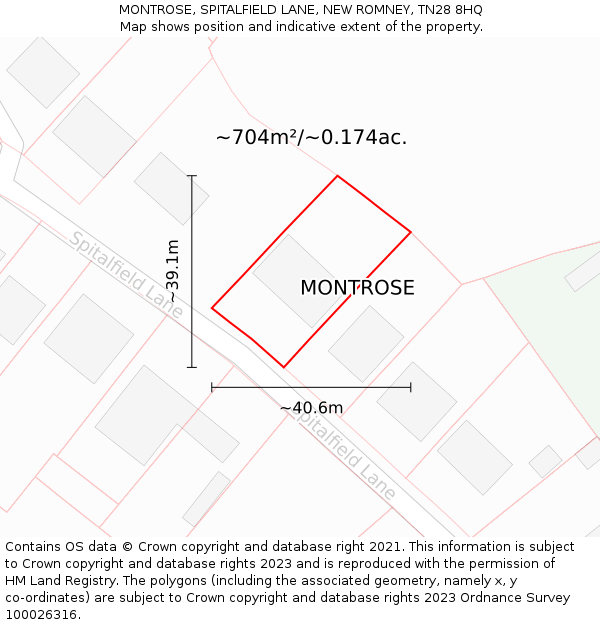 MONTROSE, SPITALFIELD LANE, NEW ROMNEY, TN28 8HQ: Plot and title map